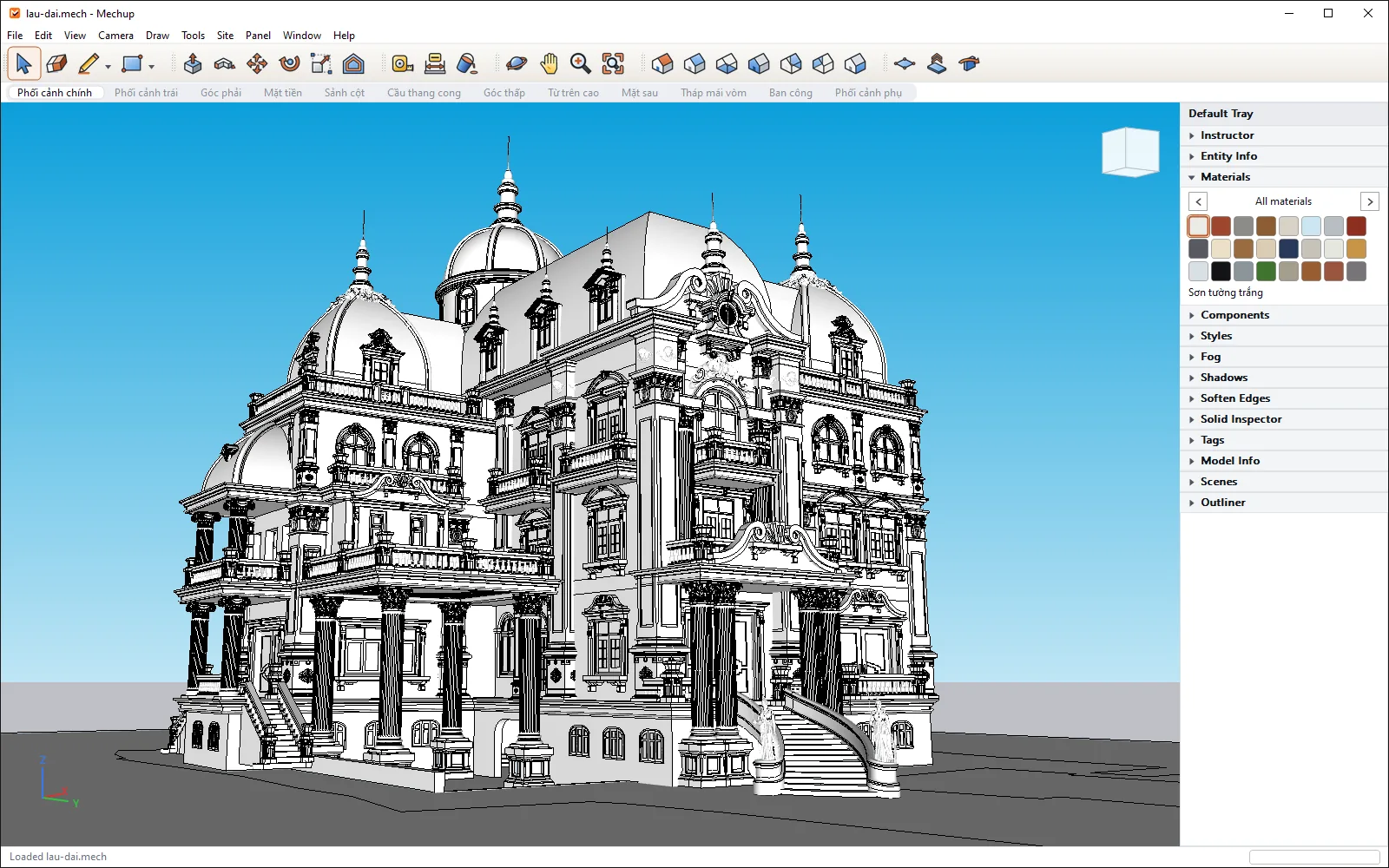 Giao diện thật của Mechup đang mở một căn biệt thự lâu đài — toolbar, viewport 3D và bảng vật liệu bên phải